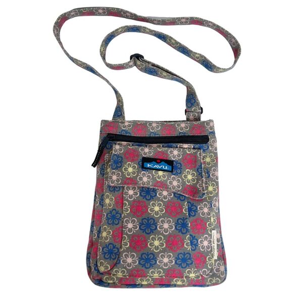 Kavu Handbags - Kavu Limited Edition Keeper Cotton Canvas Taupe Pink Blue Floral Crossbody Bag